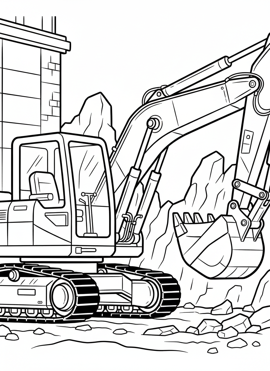 A close-up of an excavator's cab and arm with a bucket attachment, detailed mechanical parts with clear outlines for older kids.