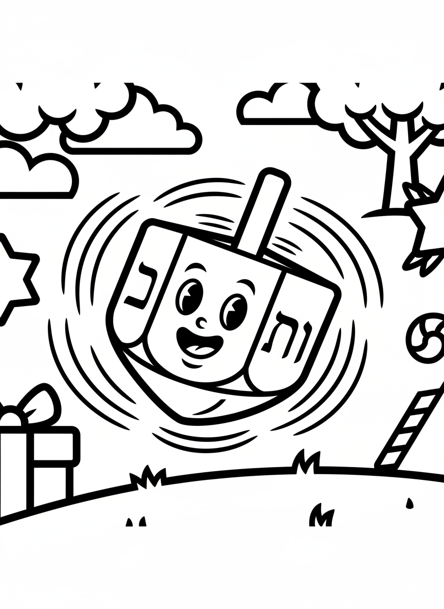 A smiling dreidel with Hebrew letters on its sides, spinning in mid-air with motion lines, simple and fun design for young children.