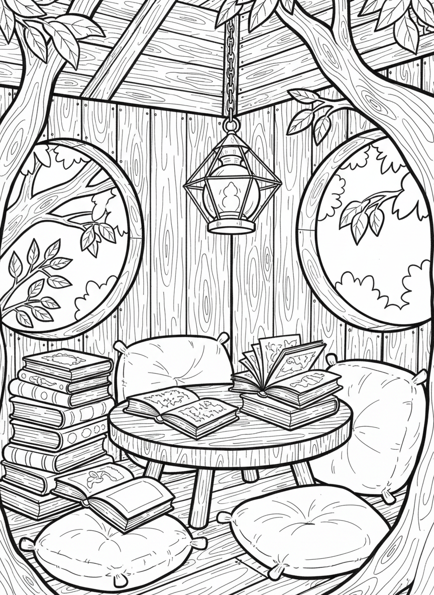 A cozy treehouse interior showing a small table, cushions, books, and a lantern hanging from the ceiling.