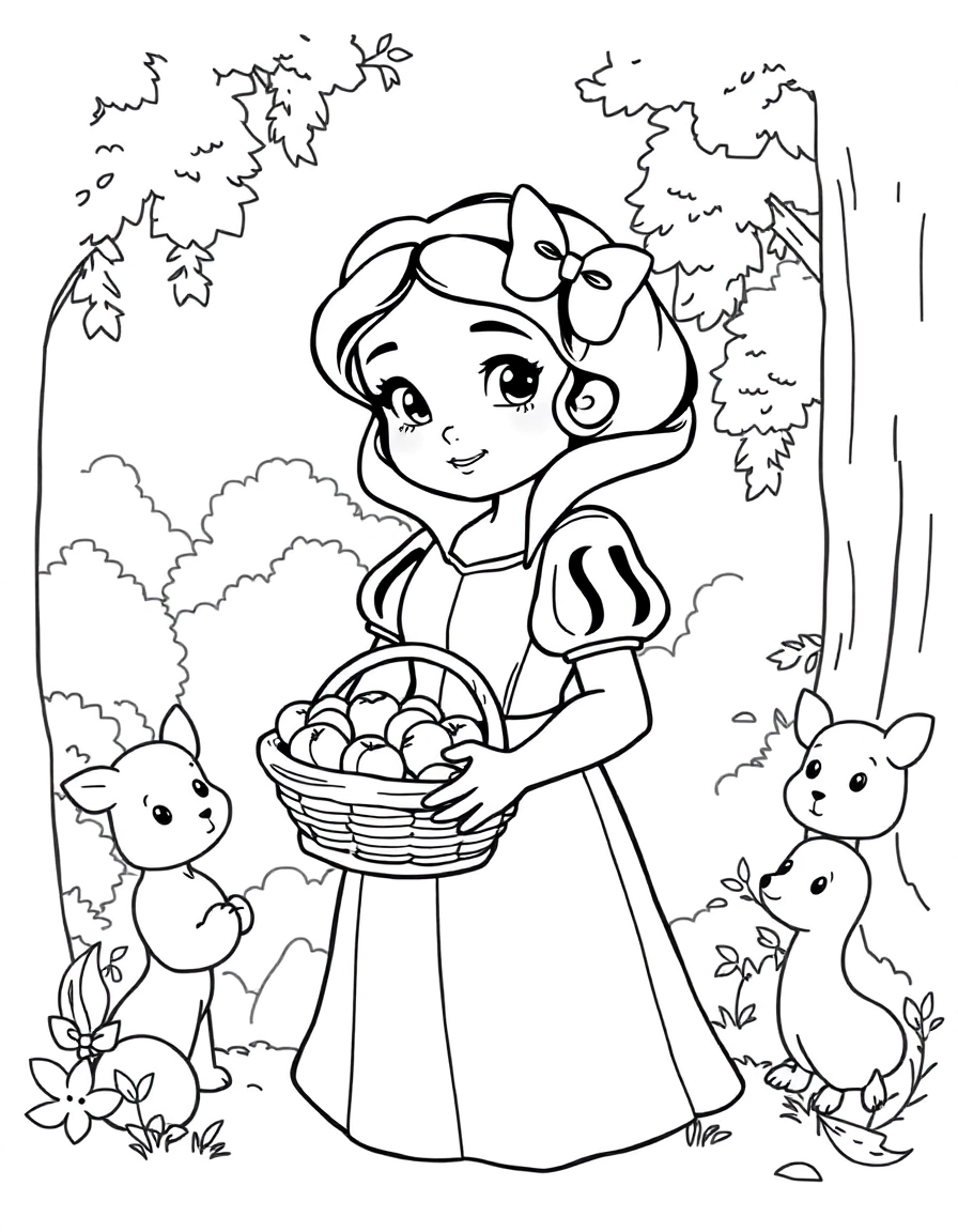 Snow White – A young princess with a bow in her hair, holding a basket of apples, standing near a forest with woodland animals around her.