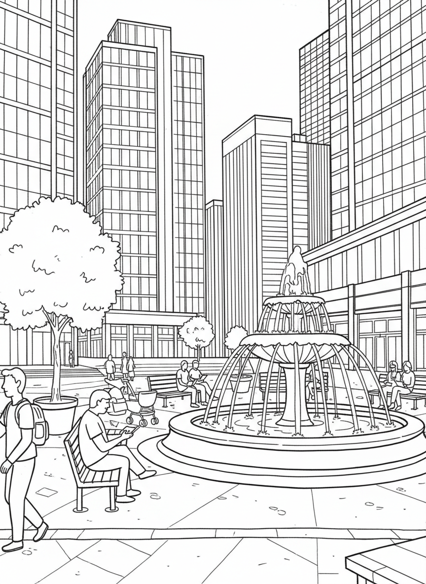 Charlotte's uptown area featuring a mix of modern skyscrapers, a fountain in a plaza, and benches where people can sit.
