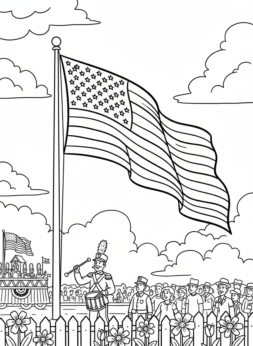 American flag waving on a flagpole with puffy clouds in the sky, simple patriotic scene