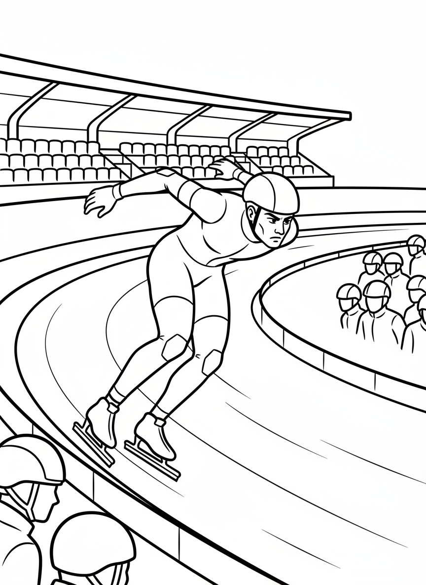 A speed skater in aerodynamic position racing around an oval track, one arm behind back, determined face, dynamic side view.