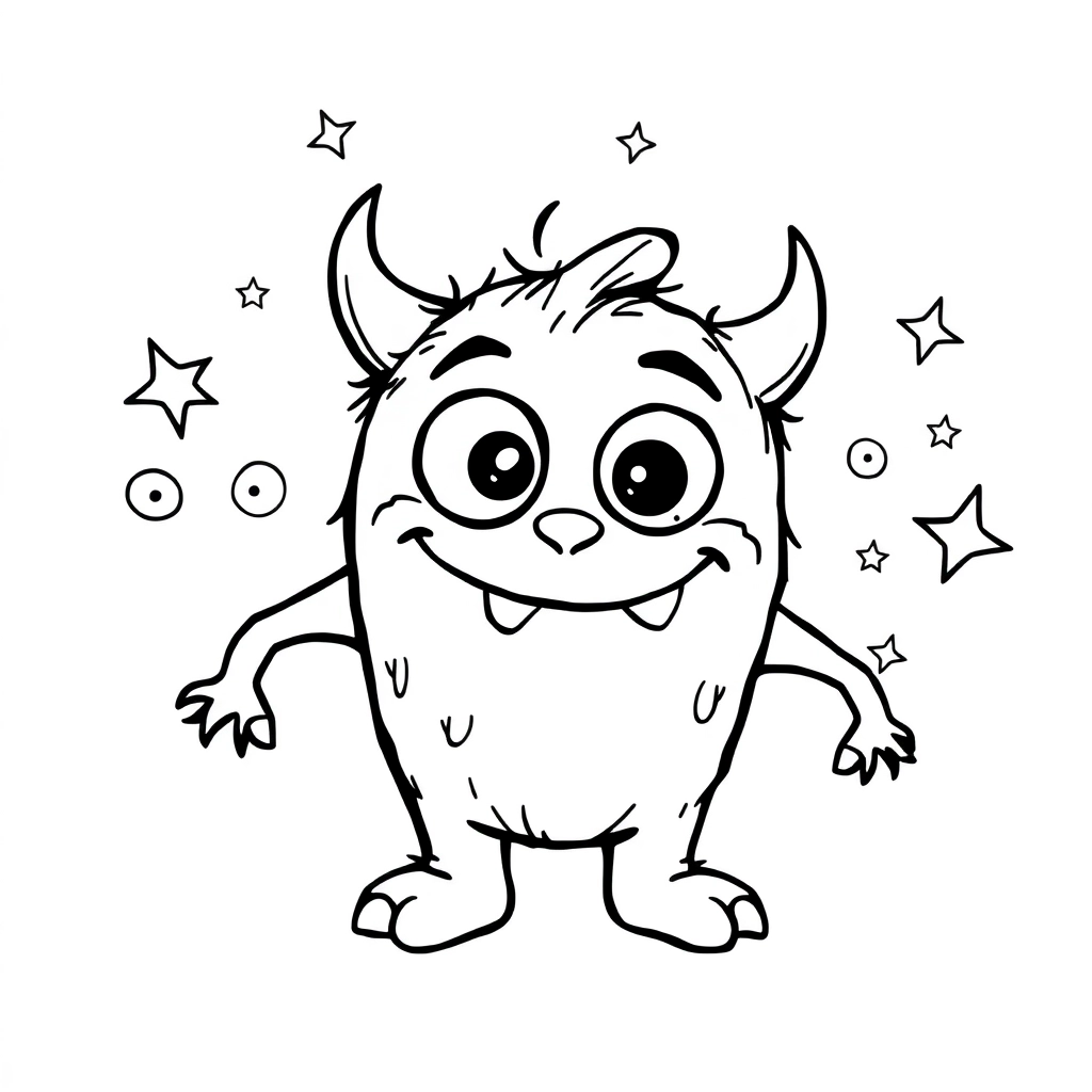a playful 'monster' character with funny eyes and a friendly smile, surrounded by swirling lines and stars