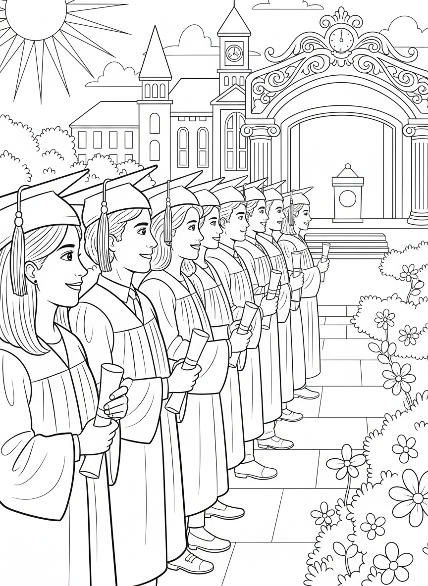 Graduation Day coloring page prompts celebrating achievement, ceremony, pride, and major life milestones.	Graduates lined up in caps and gowns, anticipation visible as they wait to walk toward the ceremony stage.
