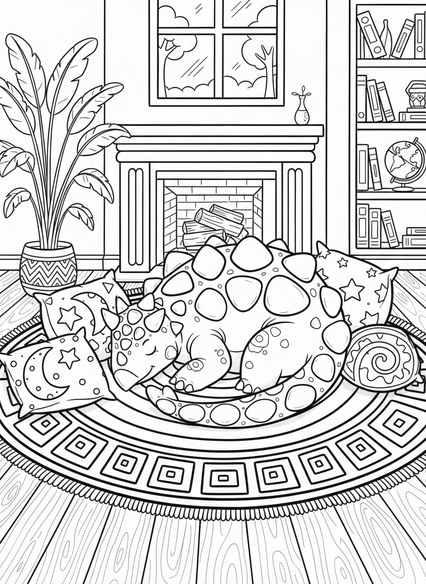 A cozy Ankylosaurus curled up on a round rug with decorative pillows nearby, peaceful home scene for coloring