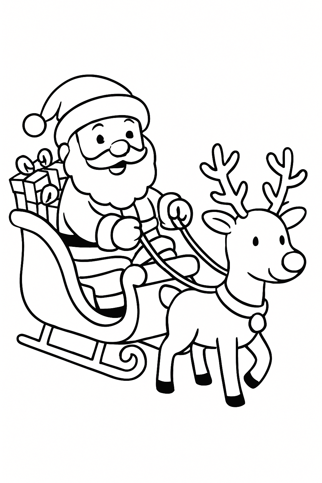 A cheerful Santa sitting in his sleigh holding the reins, with one reindeer in front and a few gifts peeking out behind.
