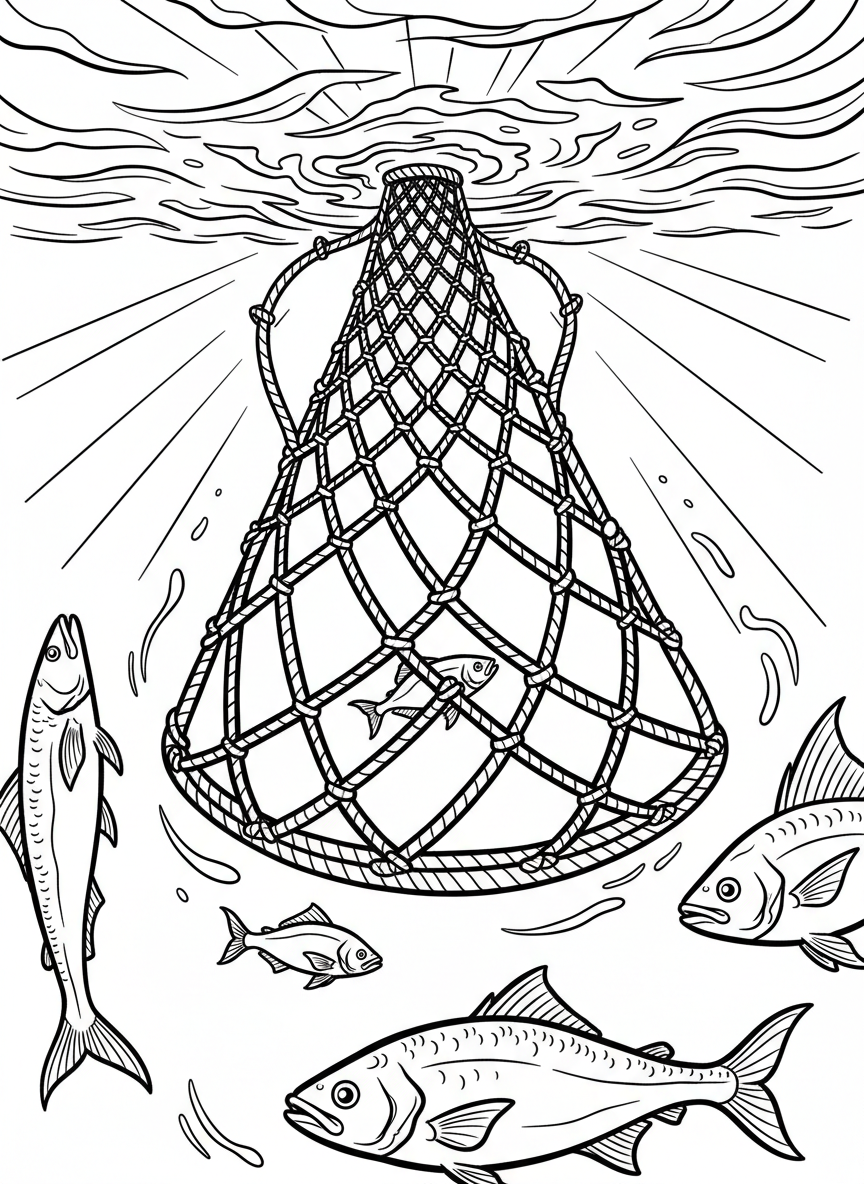 An underwater view looking up at a collection net breaking the water's surface, with sunlight streaming through and fish swimming below.