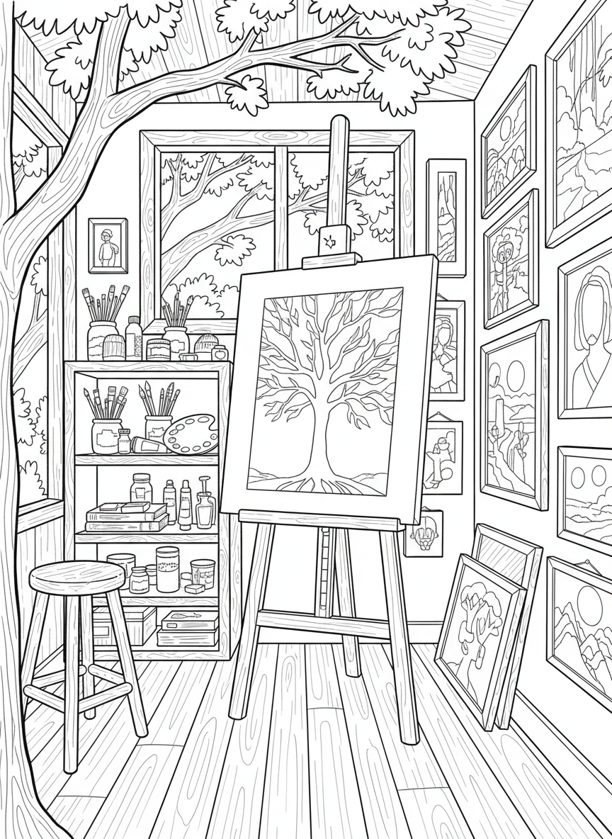 Treehouse art studio with an easel, paint supplies on shelves, a stool, and artwork hanging on the walls.