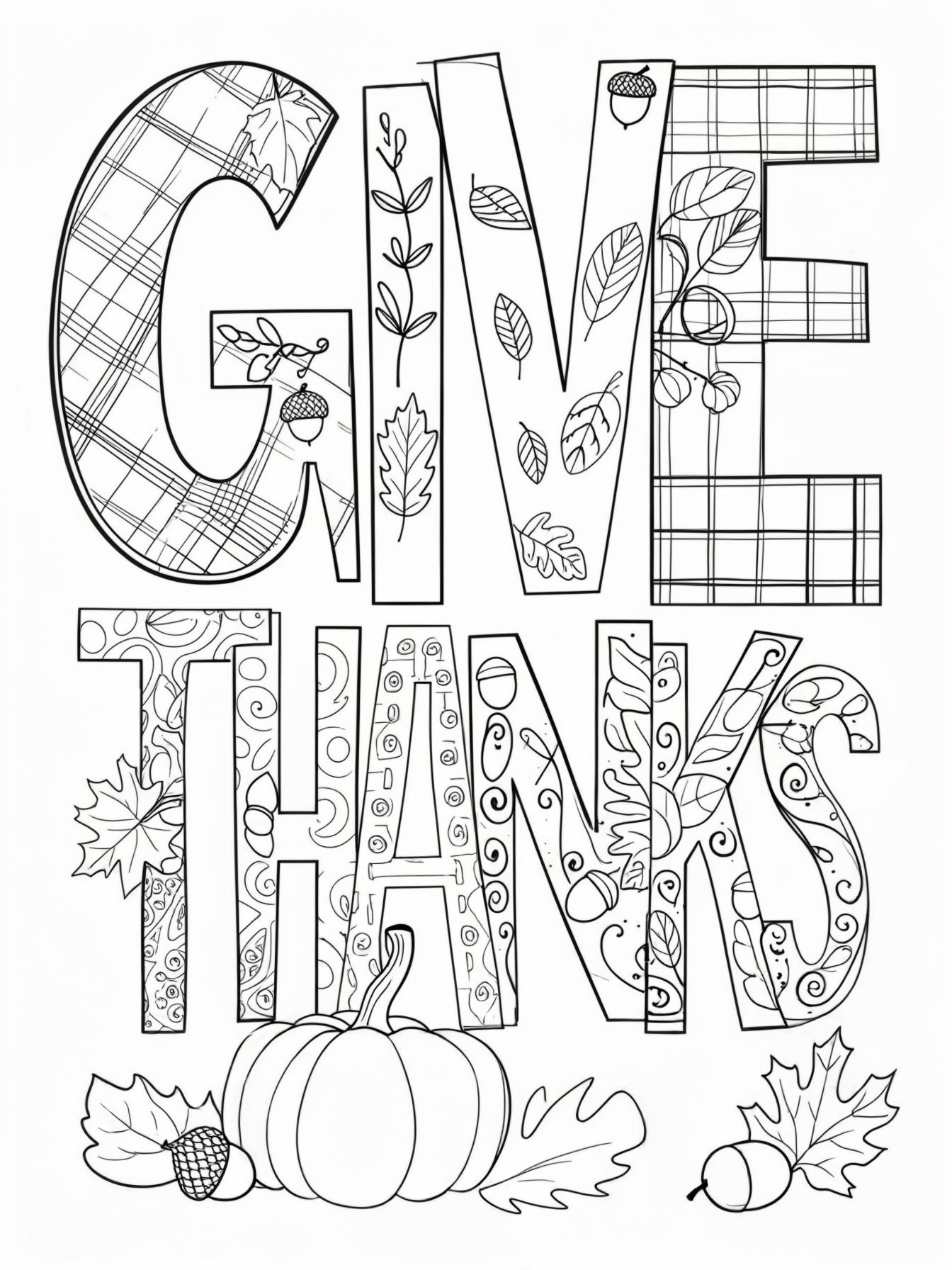 Giving Thanks: The words "Give Thanks" in large, hollow block letters. Each letter is filled with a different autumn pattern (plaid, leaves, swirls, acorns).