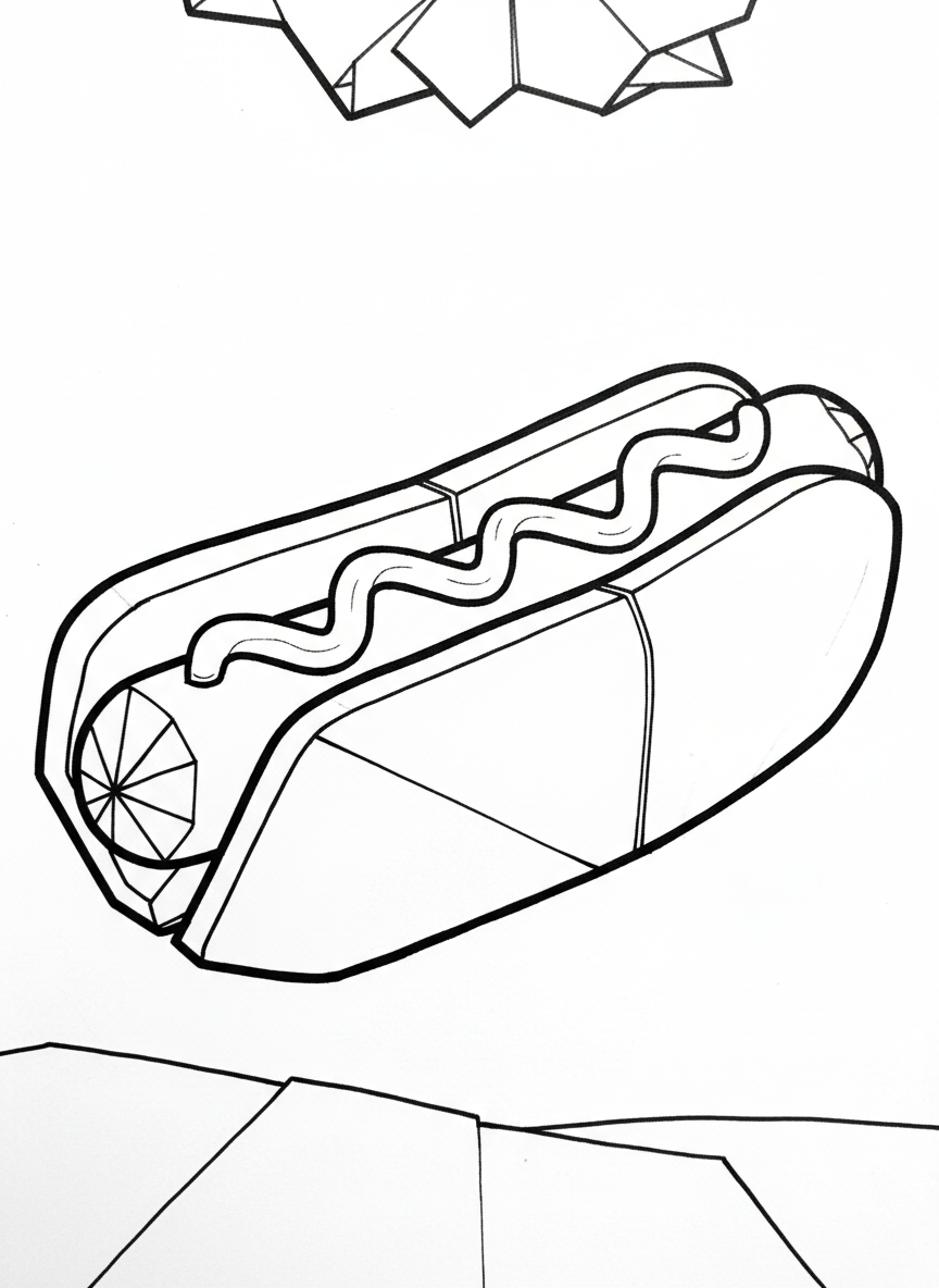 A playful origami hot dog in a bun with zigzag mustard lines, geometric fold marks on the bun, and angular sausage shape.
