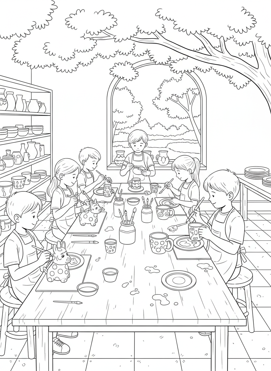 Wide scene of a birthday party pottery painting activity with kids decorating various ceramic pieces at a long table.
