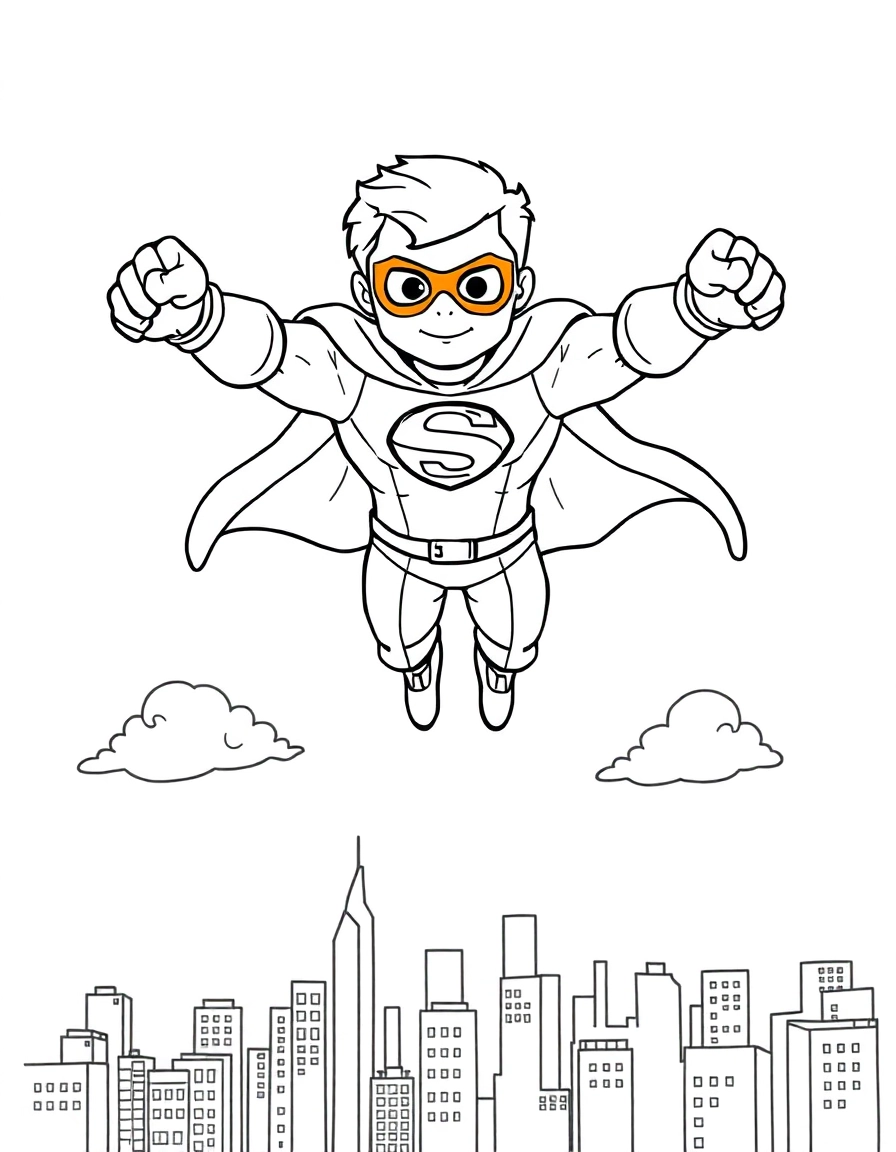 A superhero flying toward the viewer with fists outstretched, clouds and city skyline beneath