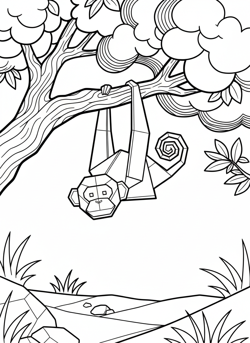 An origami monkey hanging from a simple tree branch, with folded paper arms and a curled geometric tail