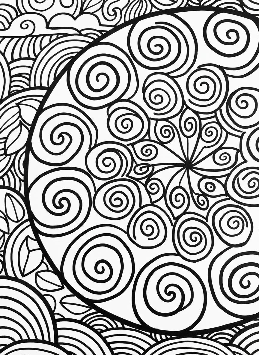 A simple mandala made of large spiral swirls radiating outward, creating a pinwheel effect with clear lines