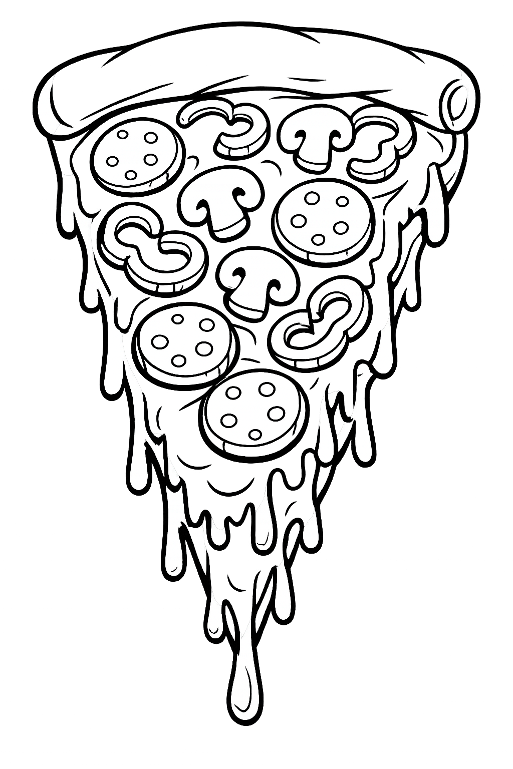 The Supreme Slice: A giant, single slice of pizza overflowing with toppings (mushrooms, pepperoni, peppers) and a melting cheese drip.