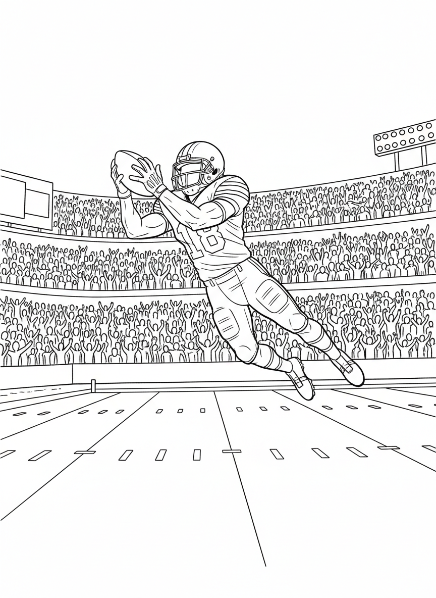 A football player in uniform catching a football mid-air with both hands, stadium crowd in background, action pose perfect for coloring.
