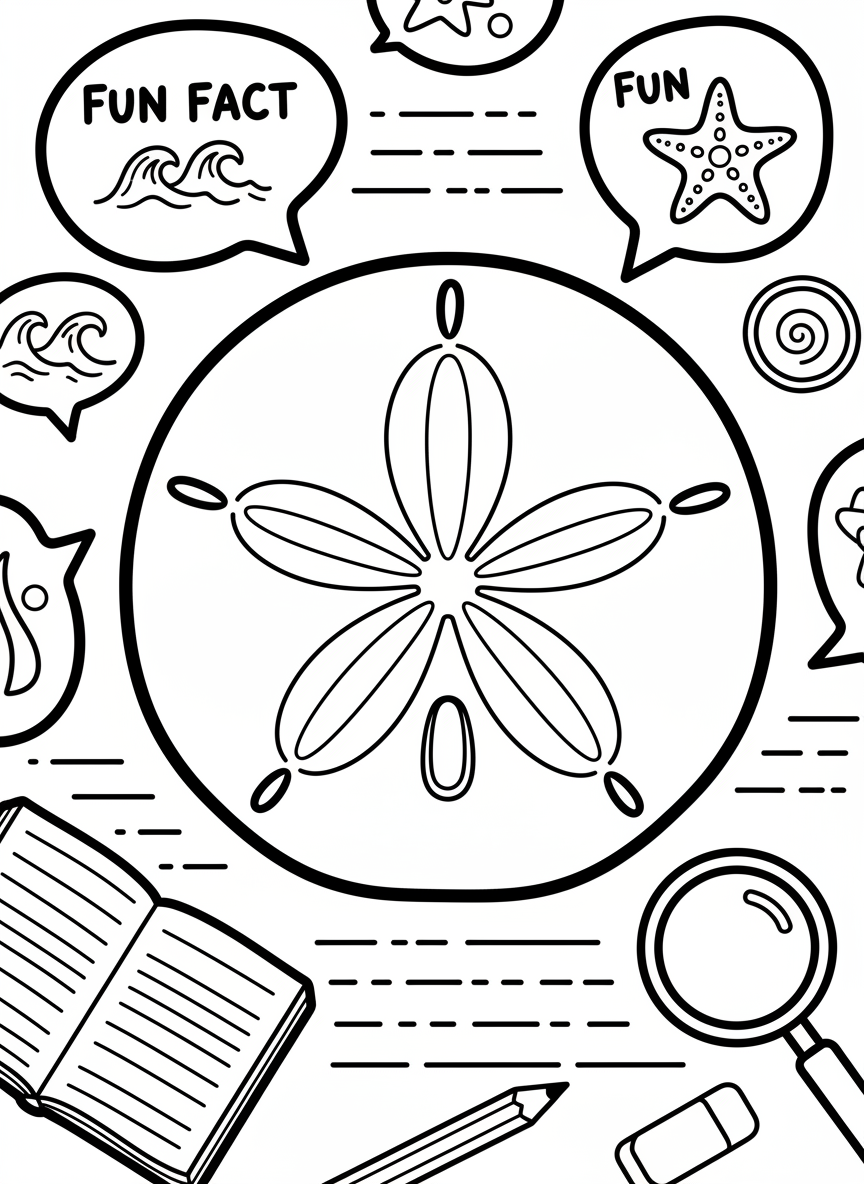 A discovery sheet showing a large sand dollar with radiating pattern, surrounded by fun fact bubbles and note-taking lines