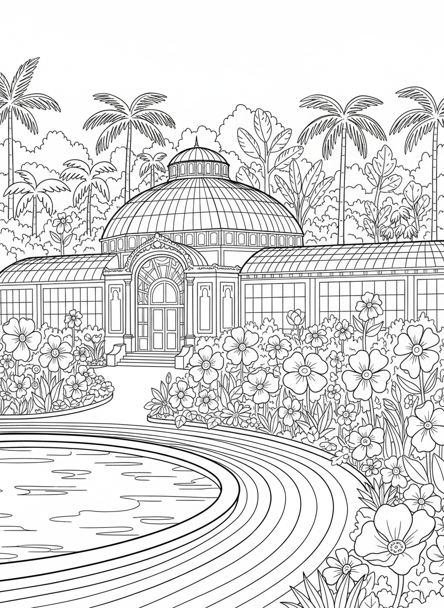 Myriad Botanical Gardens with a large dome conservatory building, flowers, and walking paths, detailed line art for older kids.