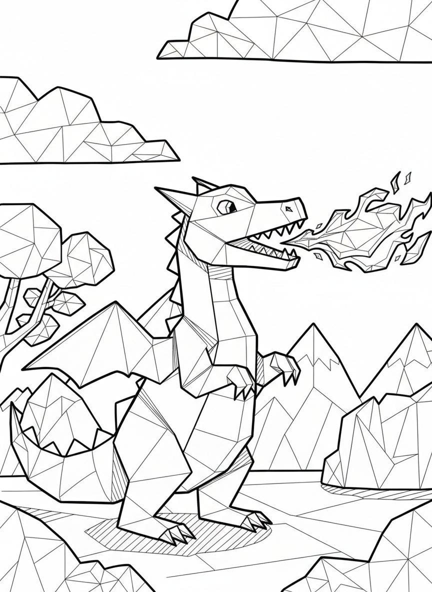 A friendly origami dragon breathing geometric paper flames, standing on its hind legs with clearly defined angular body segments.