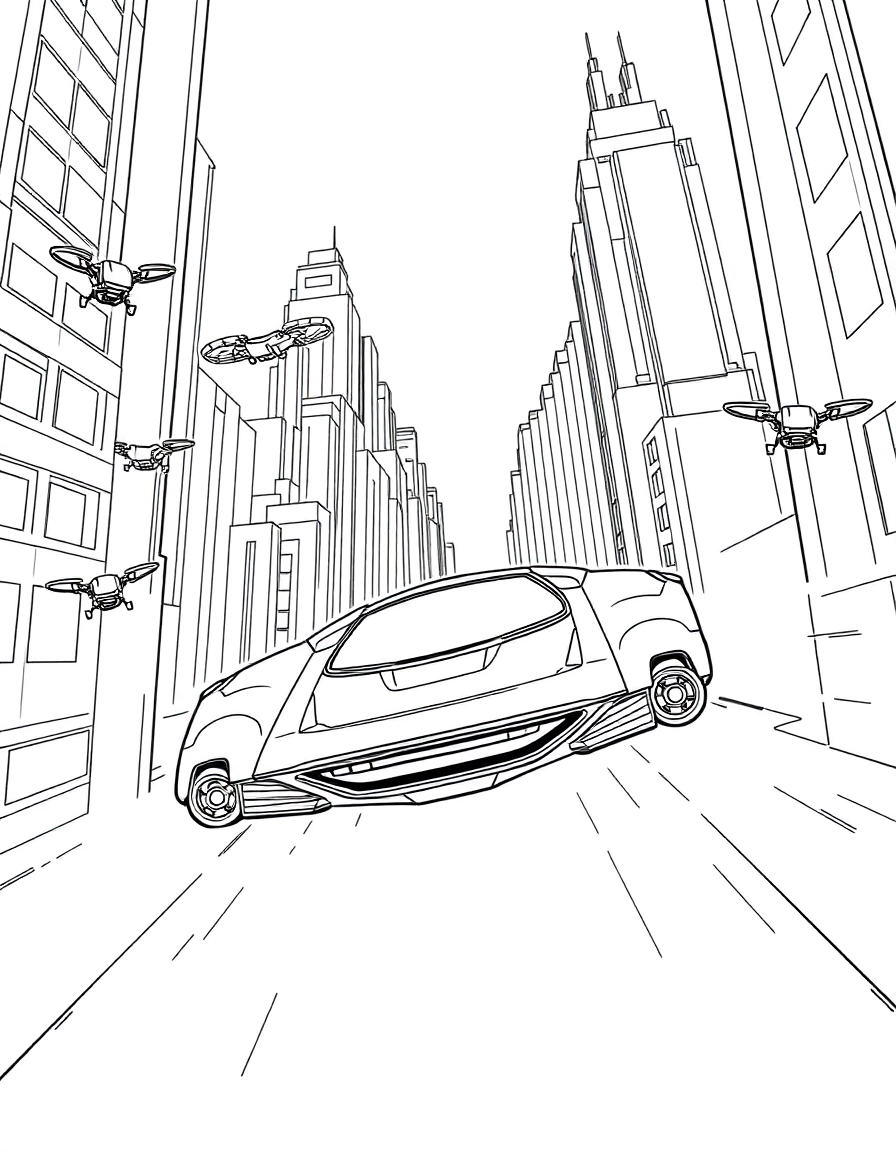 A futuristic flying car zooming between tall sci-fi skyscrapers with hoverboards and drones around it