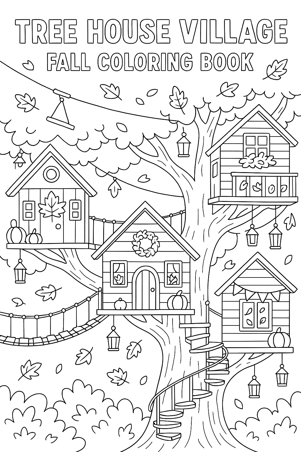 Tree house village connected by rope bridges, each house decorated differently for fall, zip line through canopy, spiral staircase around giant oak tree, lanterns hanging from branches