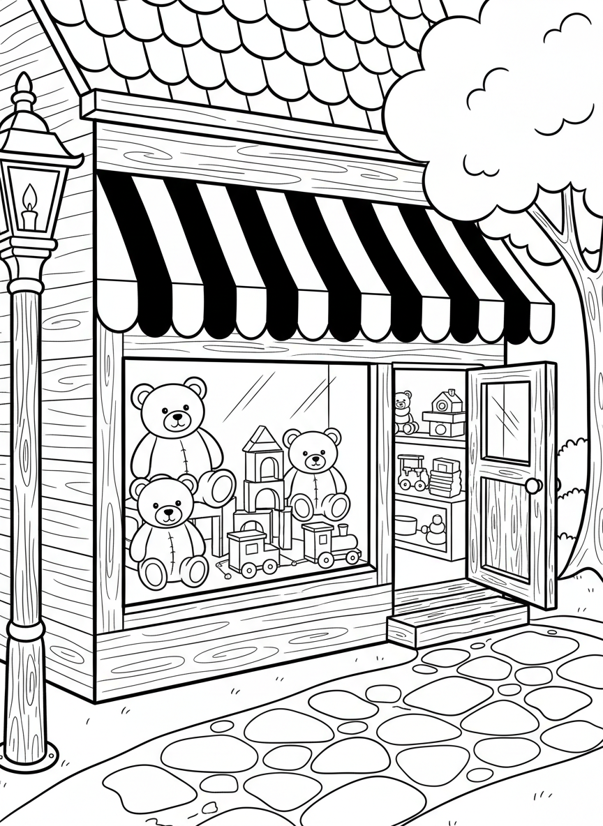 A cheerful wooden toy shop storefront with a striped awning, display window showing teddy bears and building blocks, and a welcoming open door.