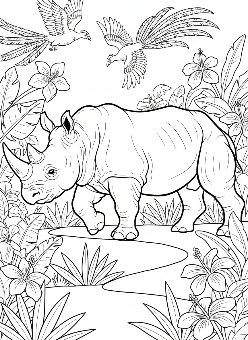 A rhinoceros walking along a jungle path with exotic birds flying overhead and tropical flowers lining the trail.