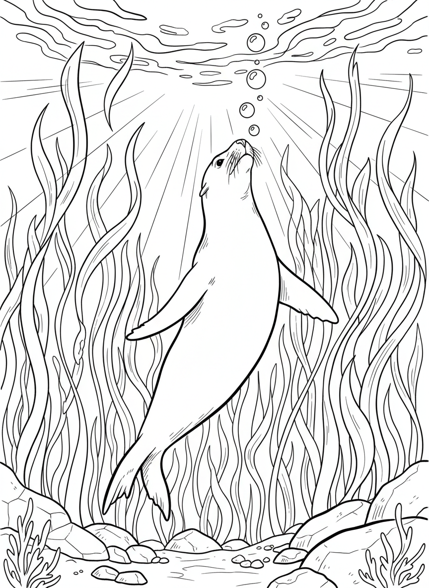A sea lion swimming upward through towering kelp stalks toward the bright surface, dynamic vertical composition