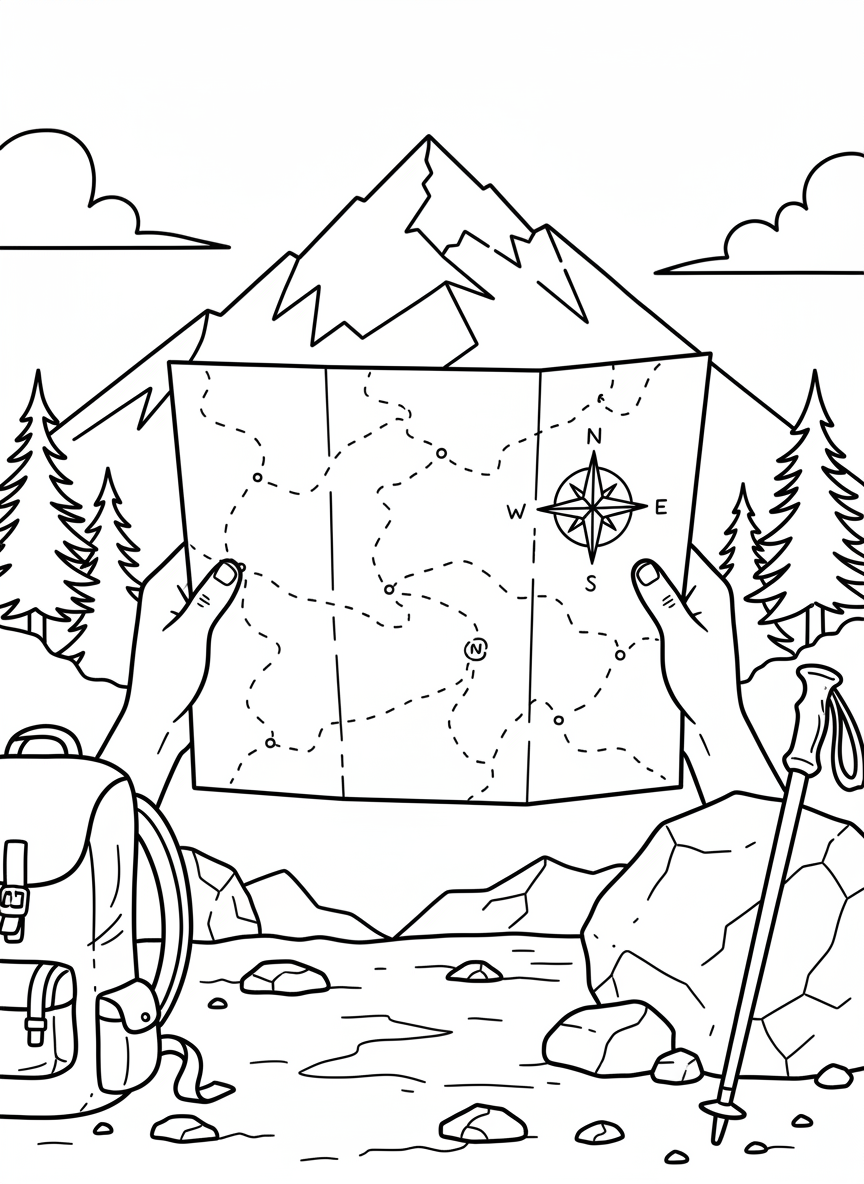A trail map being held by hands, with a compass rose and dotted hiking paths leading to a mountain peak.