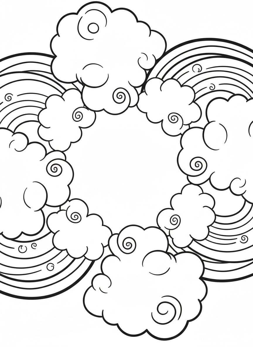 An easy mandala featuring big cloud shapes and simple rainbow arcs arranged in a symmetrical circle
