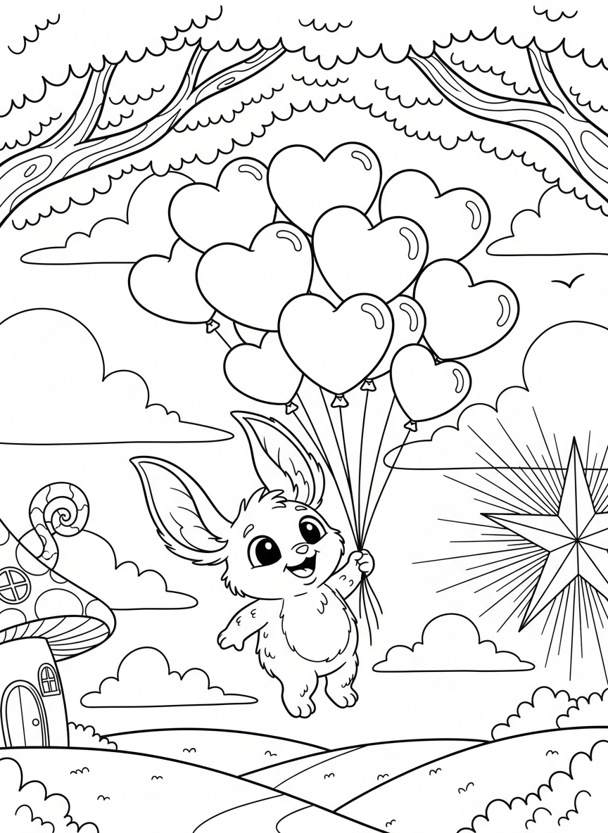 A cute creature with distinctive ears holding a bunch of heart-shaped balloons, floating upward, easy line art for coloring