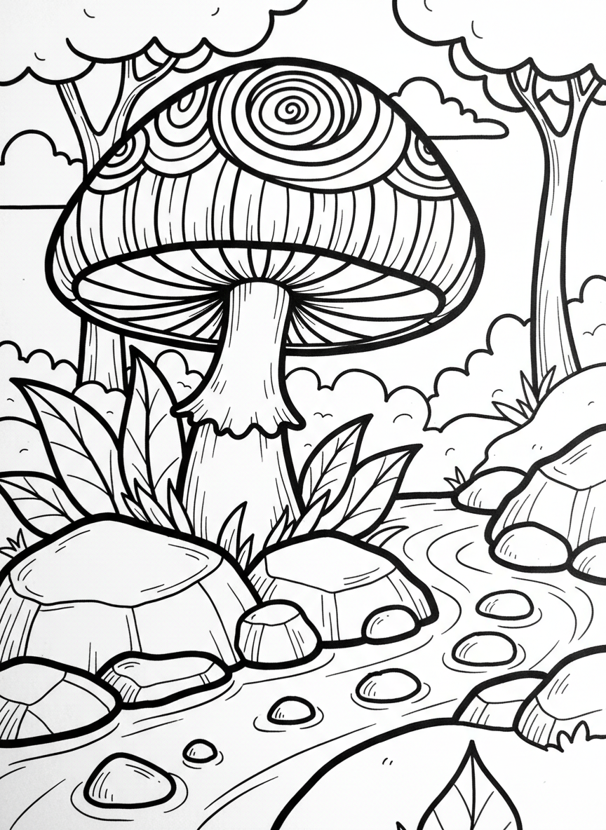 A whimsical toadstool with a spiral pattern on its cap, growing beside a small stream with pebbles.
