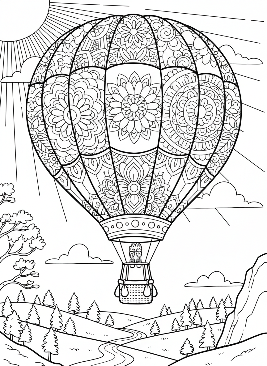A detailed hot air balloon with intricate mandala-style patterns on each panel, floating peacefully at sunrise.