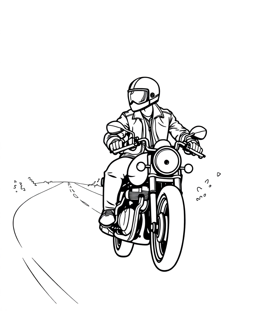 A cool motorcycle rider wearing a helmet and leather jacket, cruising down an open road.