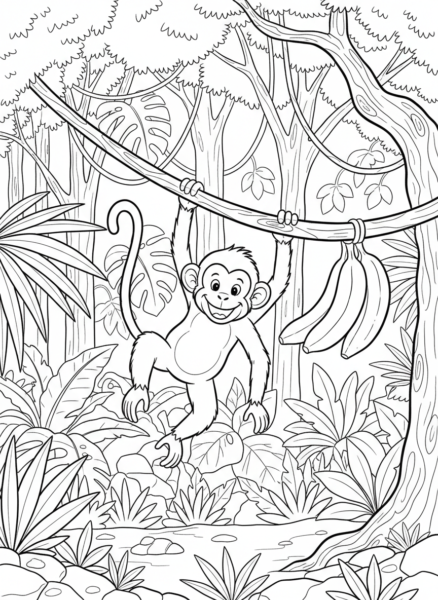 A playful monkey swinging from a jungle vine with bananas hanging nearby, clear outlines for easy coloring
