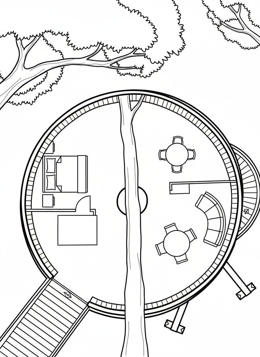Simple treehouse floor plan diagram showing room layout, furniture placement, entrance, and safety railing positions.