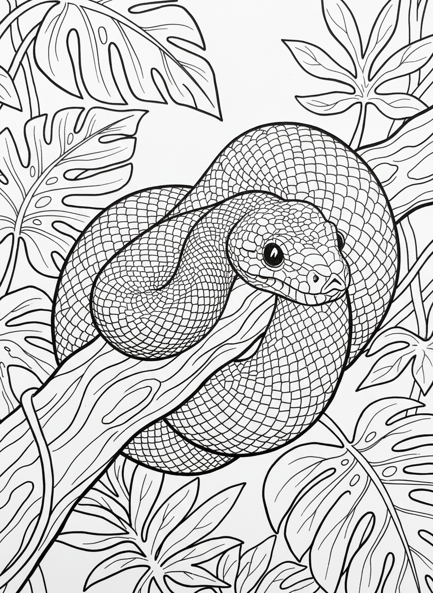 A coiled emerald tree boa snake wrapped around a branch, with patterned scales and a calm face, surrounded by jungle leaves.