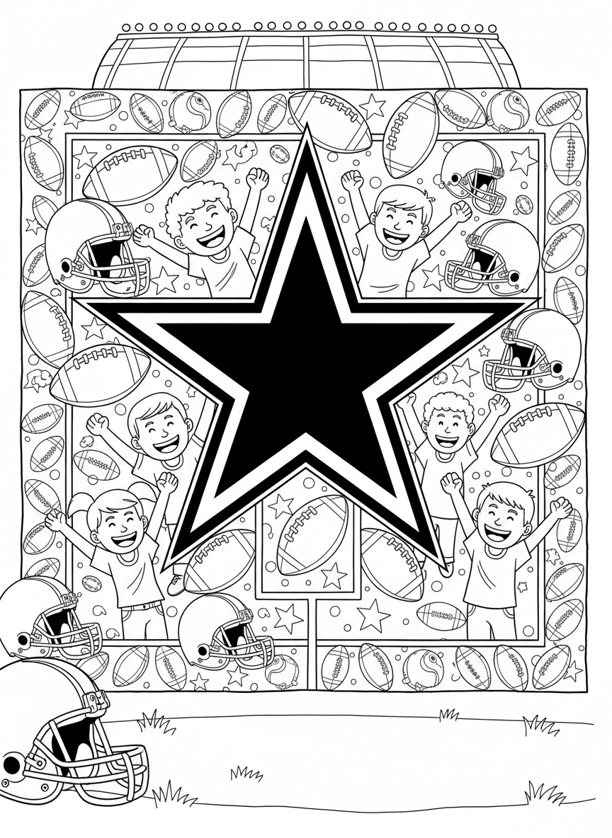 Dallas Cowboys star logo surrounded by footballs, helmets, and cheering kids in a sports-themed border design, simple line art