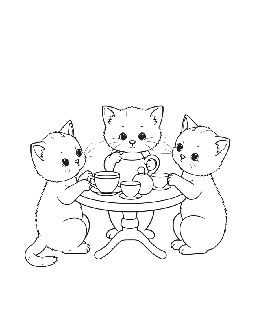 Three kittens having a tea party at a tiny table with cups, saucers, and a teapot.