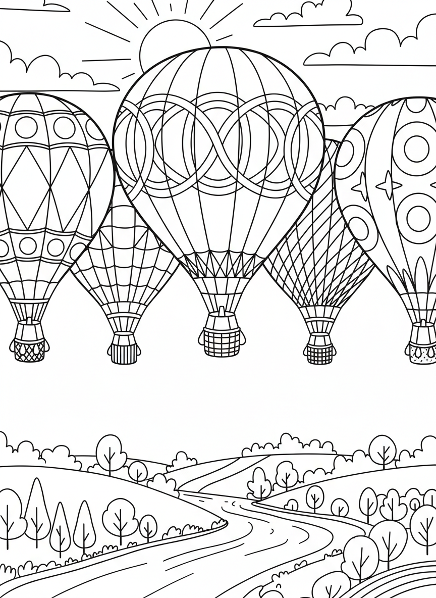 Five hot air balloons in a race across the sky, each with unique geometric patterns like triangles, circles, and diamonds.