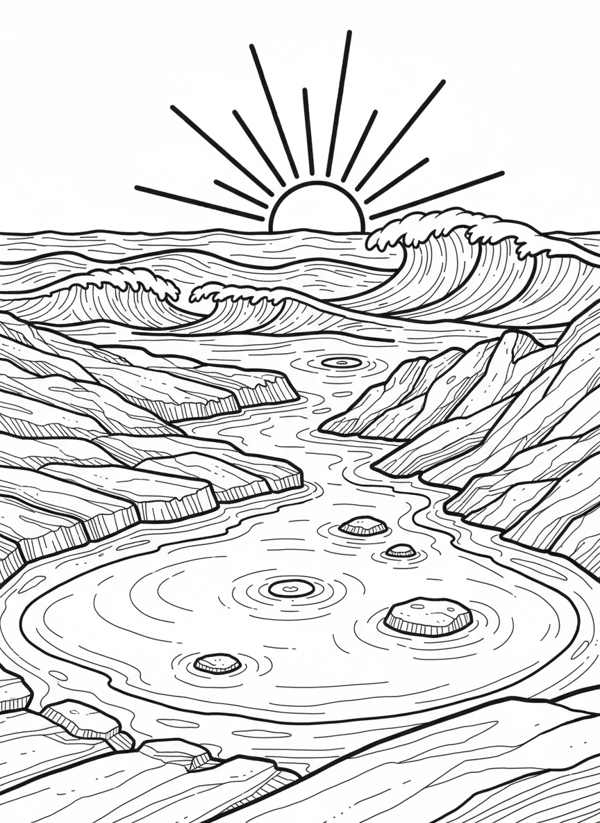 A tidepool landscape showing layered rocks, shallow water pools, and distant ocean waves under a sun.