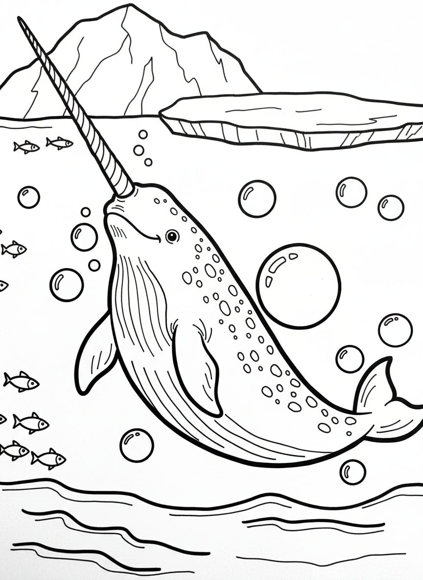 A majestic narwhal swimming through Arctic waters with its long spiral tusk pointing upward, surrounded by small fish and bubbles