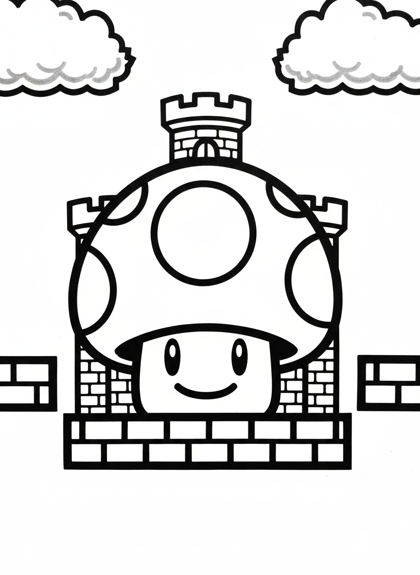 A retro pixel art mushroom power-up with a smiling face, large dots for spots, floating above a simple brick platform.