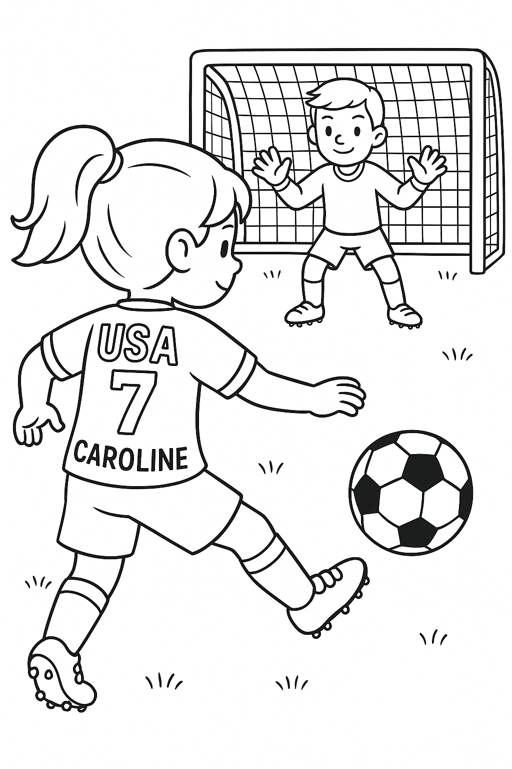 a young girl playing soccer with a USA jersey on. on the back of the jersey have the name "Caroline" on the jersey. A goalie and soccer goal in the background.