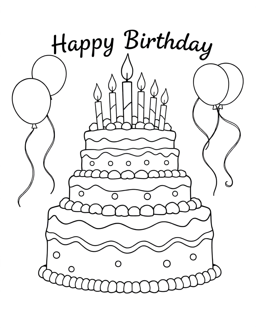 A detailed birthday cake with multiple tiers, candles lit, and festive decorations like balloons and streamers in the background. Written Happy Birthday near top of the page, nothing else