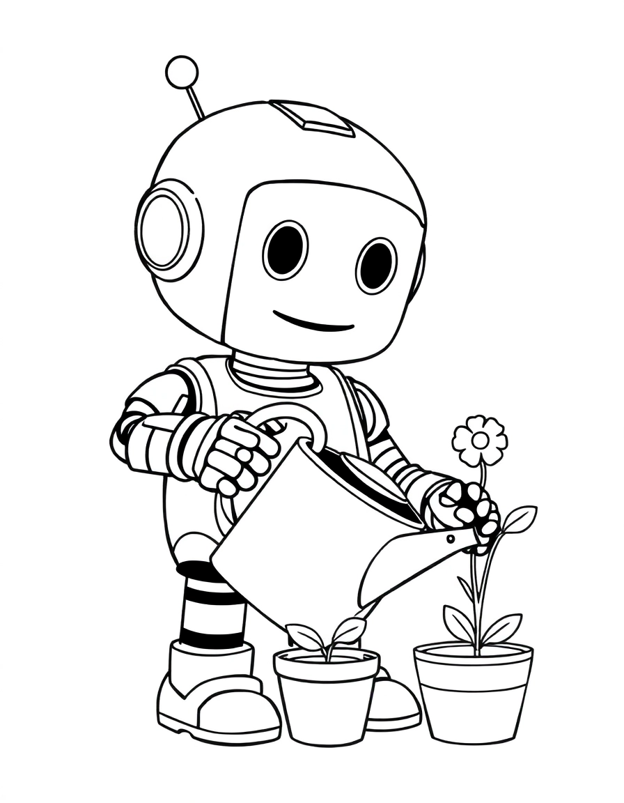 A gentle happy robot with a kind digital face, carefully using a watering can to water a single flower in a small pot. A clean black and white line art illustration with bold, consistent outlines and a simple composition.