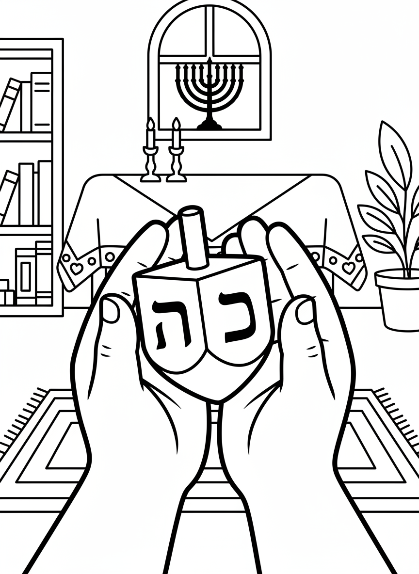 A child's hands holding a dreidel ready to spin it, close-up view showing the Hebrew letters clearly, simple and engaging.