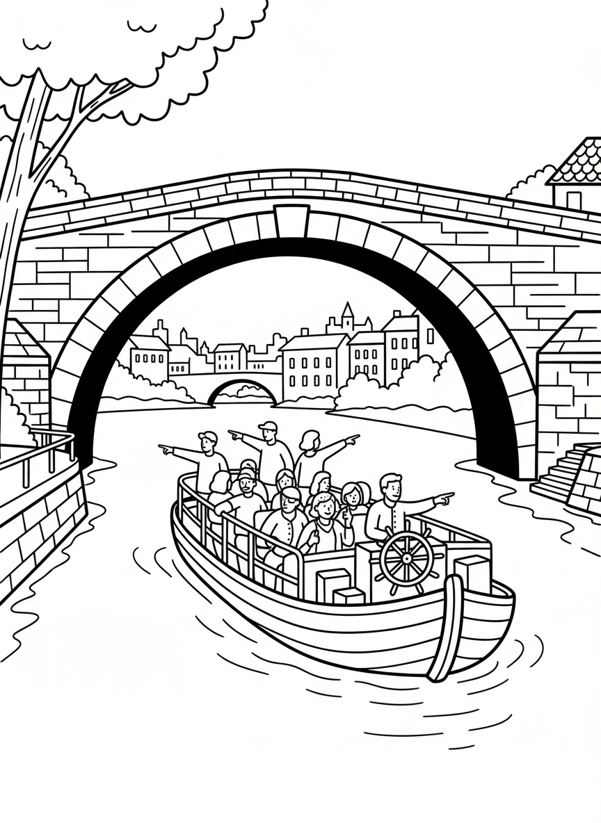 A river barge tour boat passing under an arched stone bridge with passengers pointing at sights, River Walk adventure scene.