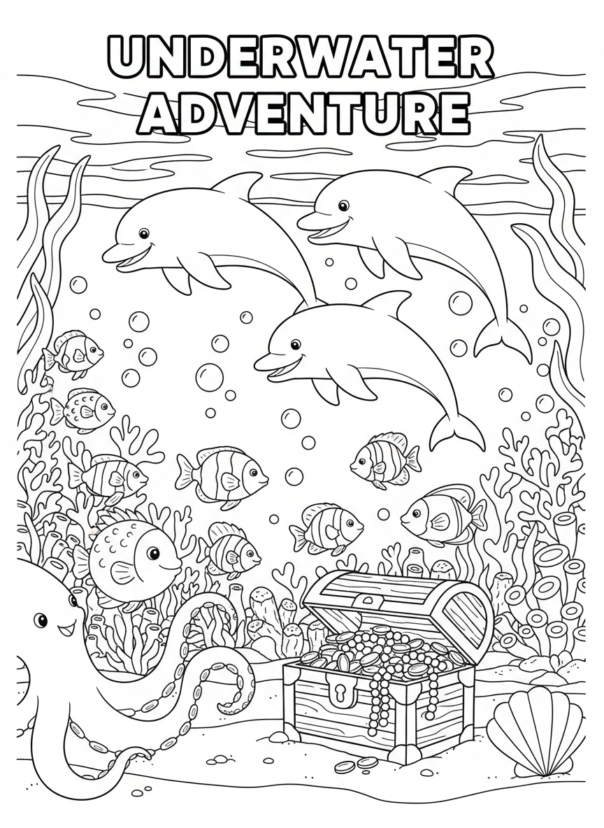 Underwater adventure coloring book cover, full-color illustration with smiling dolphins, colorful fish, and a treasure chest on the seafloor. Title-safe area at top.